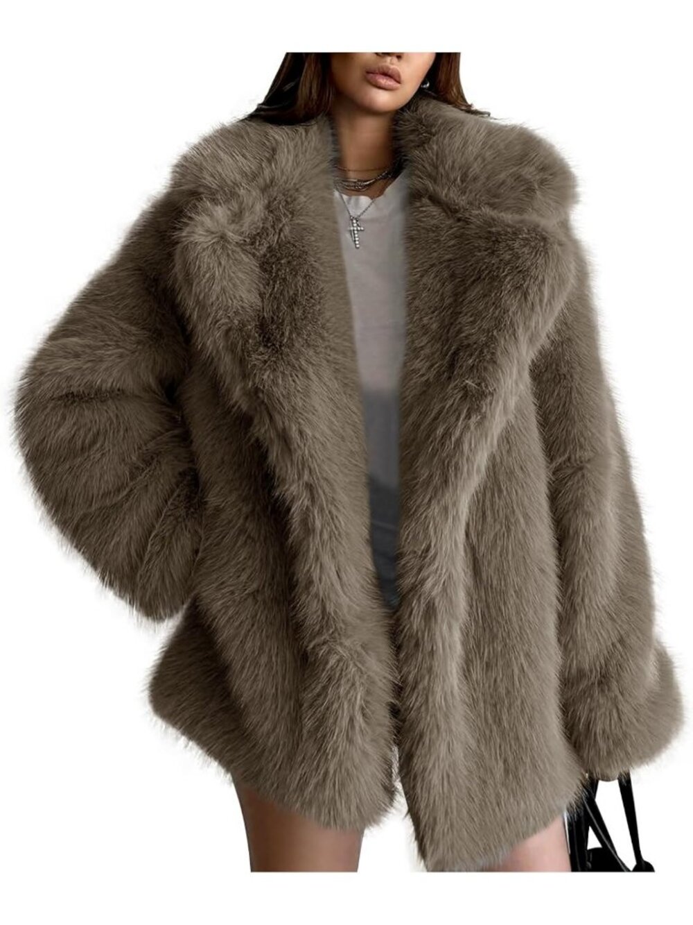 Cozy Faux Fur Lapel Coat | Warm Open Front Winter Outerwear for Women